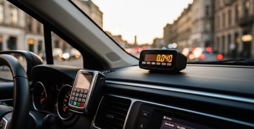 Generic taxi meter and card reader on a clean dashboard, soft amber dusk light through the windscreen, Dublin atmosphere