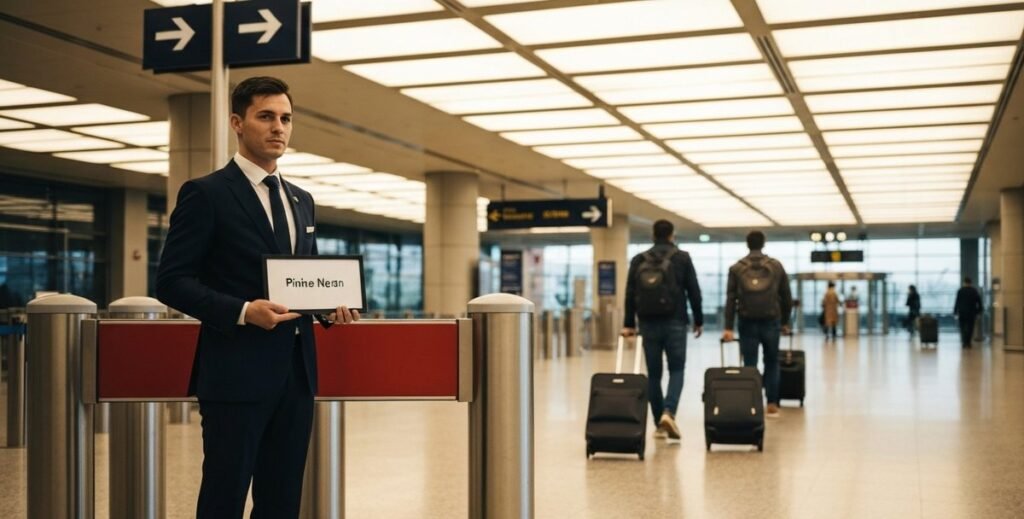 A private driver stands inside Dublin Airport arrivals hall holding a name board for an Irish Ride booking