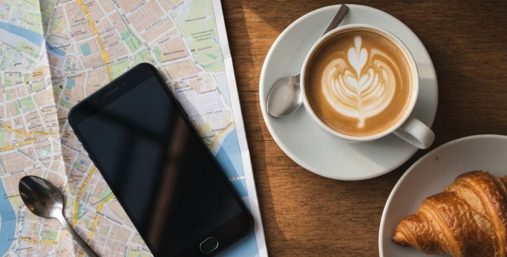 Generic smartphone, café table, and folded street map — planning a Dublin ride