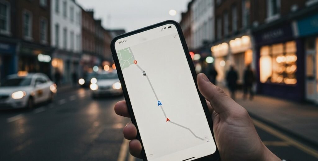 A phone showing a live map of nearby taxis on a Dublin street