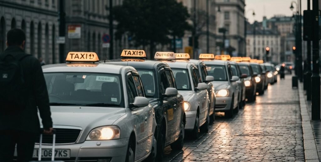 Three ride-hailing apps open on a phone beside a Dublin taxi rank