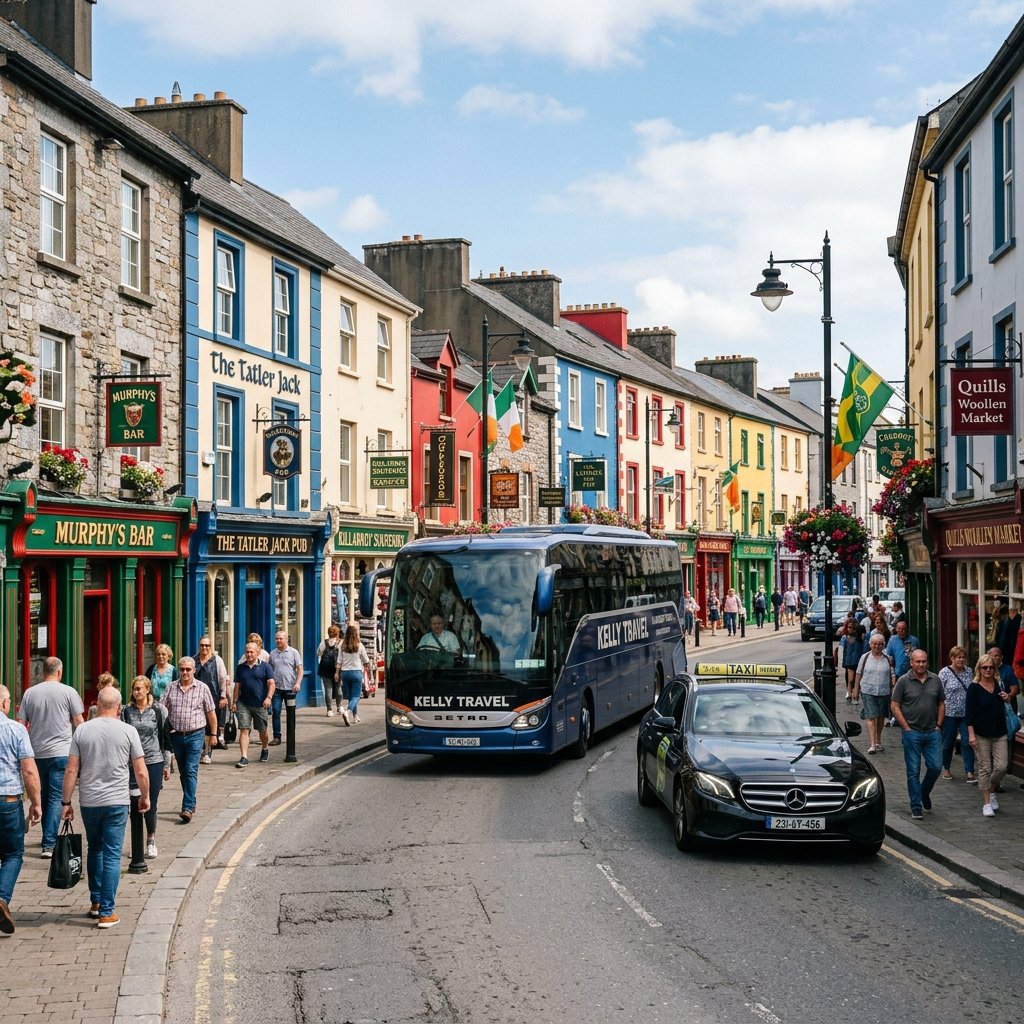 Killarney town centre with a luxury coach passing through