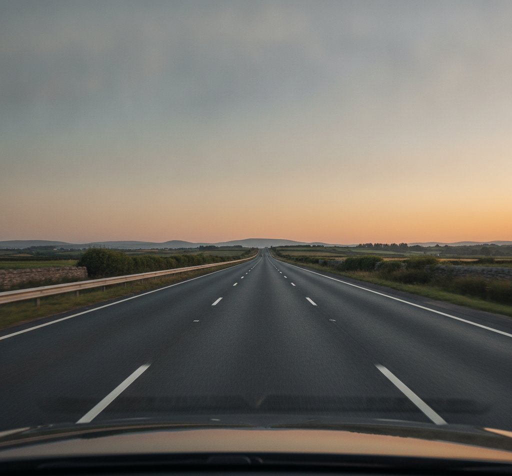 A wide view along the M1 motorway heading north from Dublin at dawn, dual carriageway stretching toward the horizon, green Irish countryside on both sides, soft early-morning light across the tarmac